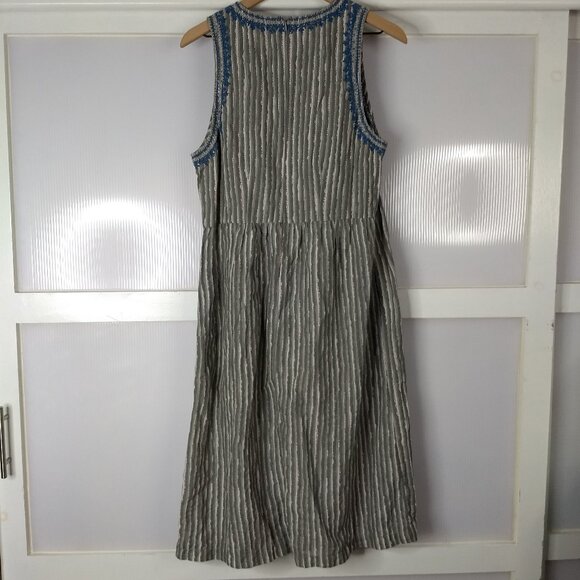 Voloshin Striped Embroidered Detail Shift Midi Dress Linen Cotton Blend Sz Large - Picture 5 of 15